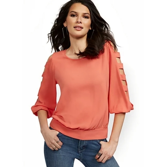 New York & Company Tops - NY & Co Soft Papaya Ladder Sleeve‎ Blouse XS Boho Office Summer NWT